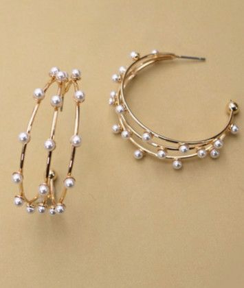 Triple Row Wire Pearl Hoop Earrings