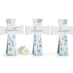 Blue Floral Sitter Cross w/ Message