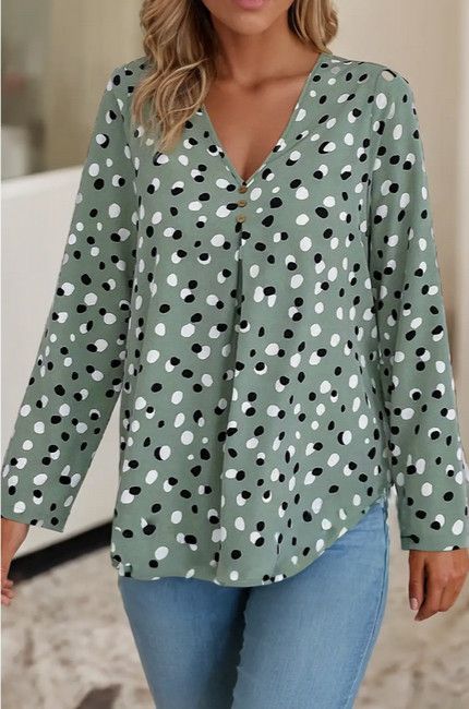 Green Dotted V Neck Blouse