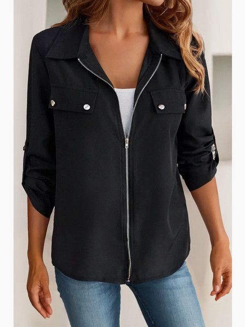 Collar Tab Sleeve Zip Up Flap Detail Jacket