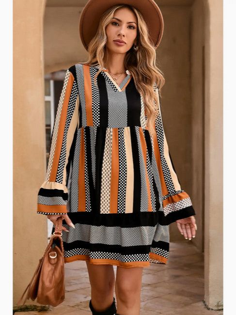 Striped Polka Dot Ruffle Hem Dress