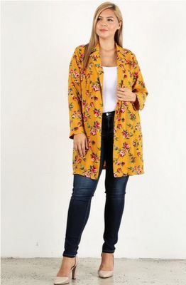 Floral Print Long Plus Size Cardigan-Mustard