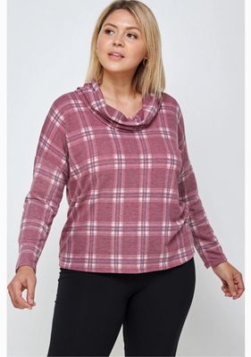 Plus Size French Terry Plaid Top-Burgandy