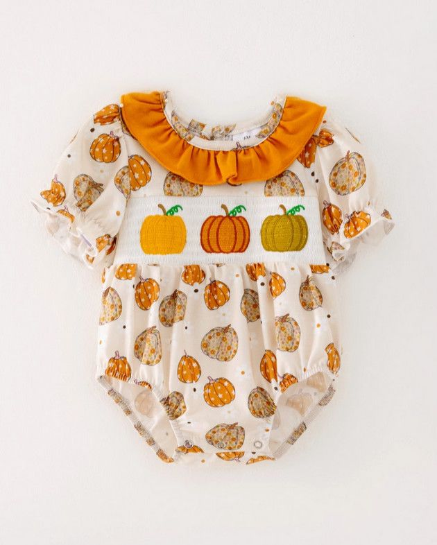Pumpkin Print Smocked Embroidered Romper