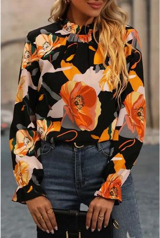 Floral Print Mock Neck Blouse