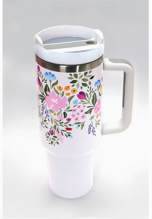 40oz Stainless Steel Tumbler Flower-White