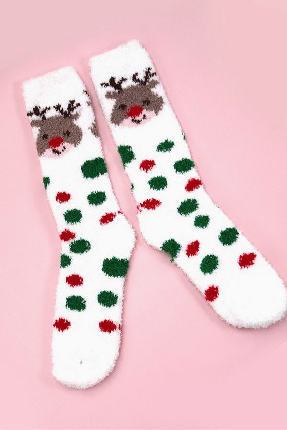 Christmas Holiday Warm Coral Fleece Fuzzy Socks- 4 Designs, Color: Rudolph