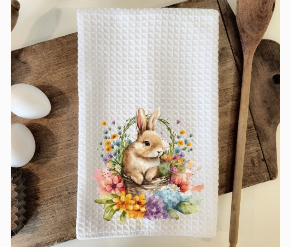 Spring Easter Bunny w/ Basket Waffle Weave Dish Towel Tea Towel