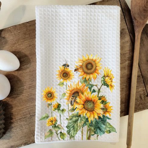 Sunflowers &amp; Honey Bees Waffle Weave Dish Towel Tea Towel