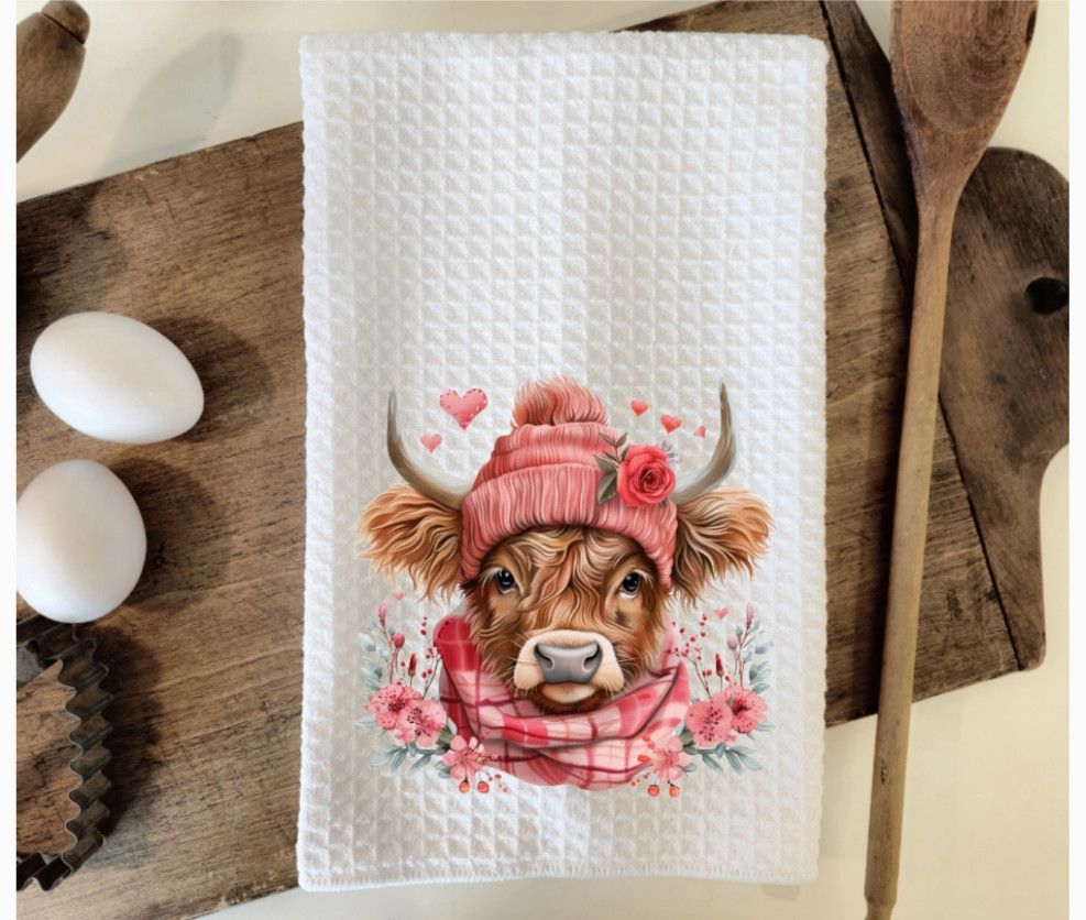 Roses &amp; Highland Cow Waffle Weave Dish Towel Tea Towel
