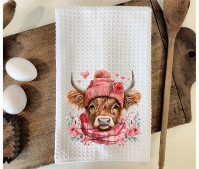 Roses &amp; Highland Cow Waffle Weave Dish Towel Tea Towel