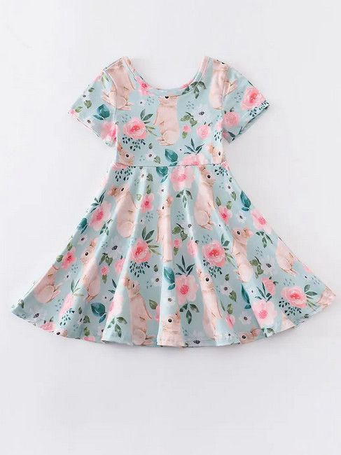 Easter Blue Rabbit Floral Girl Twirl Dress