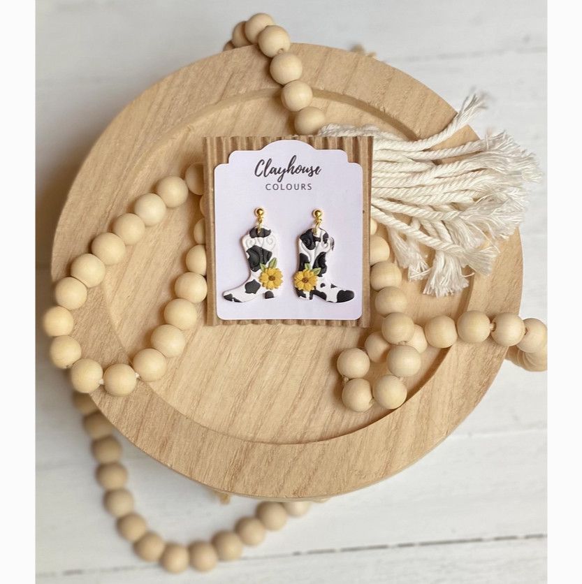 Cow Print &amp; Sunflower Clay Boot Earrings