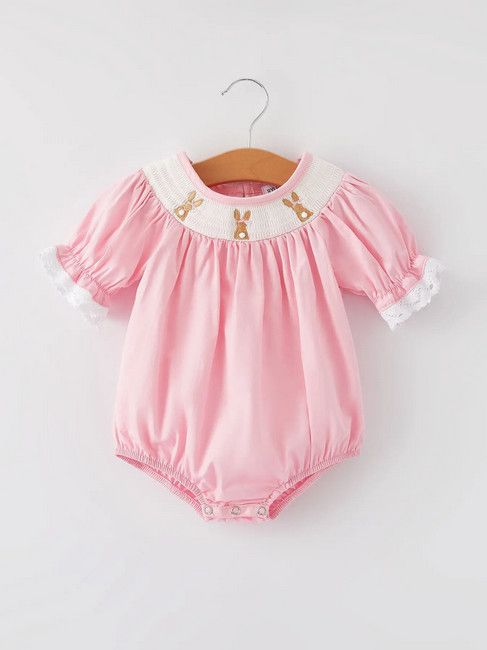 Easter Bunny Smocking Embroidered  Lace Cuff Romper