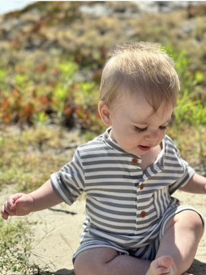 Camborne Henley Romper Grey/White Stripe Rib