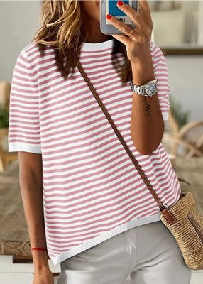 Crew Neck SS Pink Stripe Sweater