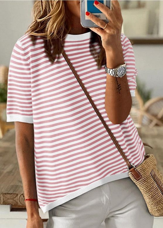 Crew Neck SS Pink Stripe Sweater