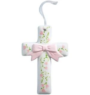 Ceramic Crosses in Basket, Color: Floral Pink Bow