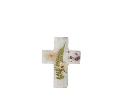Dried Flower Acrylic Cross W/ fern &amp; purple flower