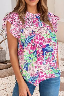 Floral Mixed Print Ruffle Cap Sleeve Blouse
