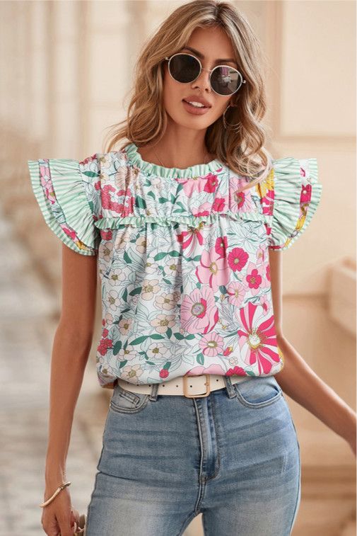 Floral Print Contrast Ruffle Trim Short Sleeve Blouse