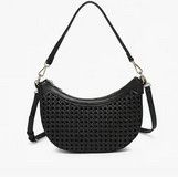 Daisy Half-Moon Rattan Crossbody w/ Vegan Leather Contrast-Black