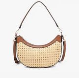 Daisy Half-Moon Rattan Crossbody w/ Vegan Leather-Natural/Brown