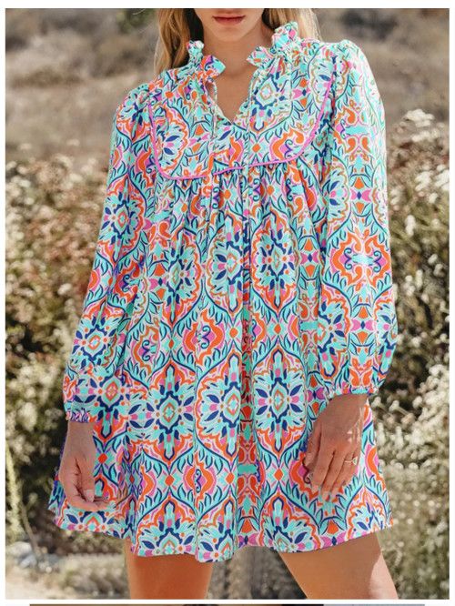 Abstract Printed Long Sleeve Tied Neckline Mini Dress