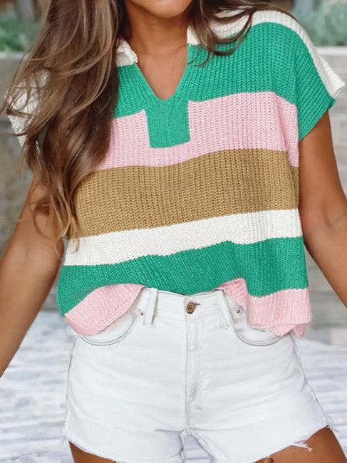Color Block Notch V Neck Sweater T Shirt