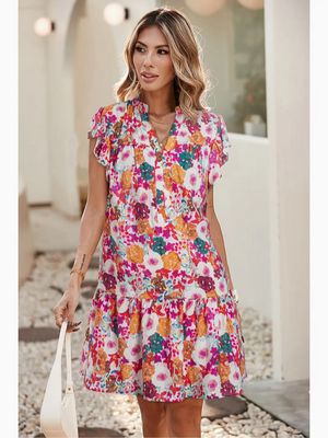 Floral Printed Split Neck Flutter Sleeve Dress