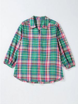 Green Plaid 3/4 Sleeve Collared