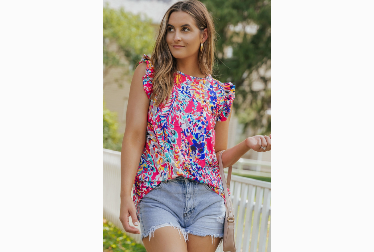 Floral Print Tank Top with Ruffles | Rose