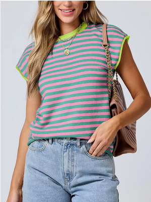 Crew Neck SS Hot Pink /Green Stripe Sweater