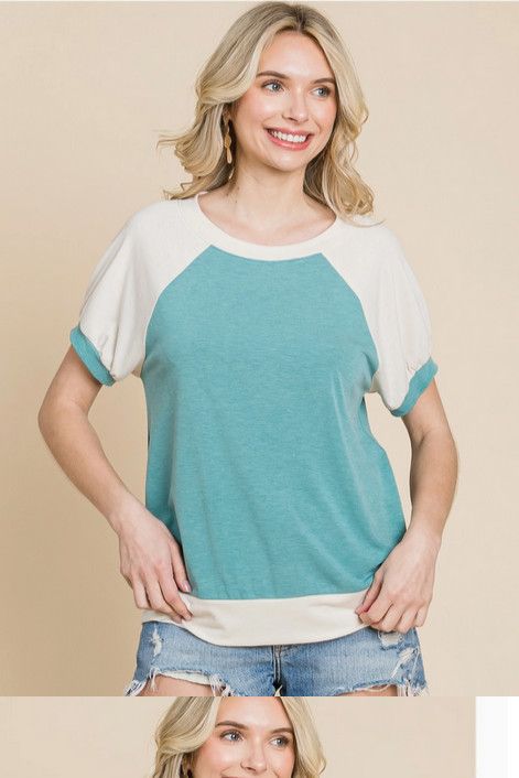 Plus Size Casual Color Block Top-Sage