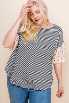 Plus Size Cute Striped Curved Casual Top w/ Beige