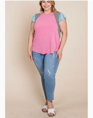 Plus Size Floral and Striped Sleeves Top-Pink