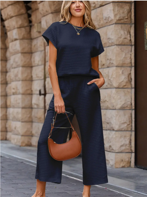 Solid Textured Pants Set Short/Sleeve Black