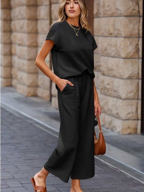 Solid Textured Pants Set Short/Sleeve Black, Size: S