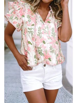 Striped Contrast Tiered Ruffled Sleeve V Neck Blouse