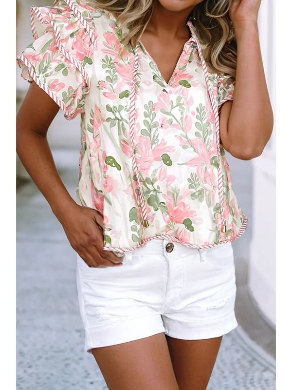 Striped Contrast Tiered Ruffled Sleeve V Neck Blouse