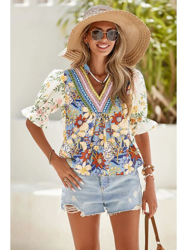 V Neck Half Sleeve Boho Floral Blouse