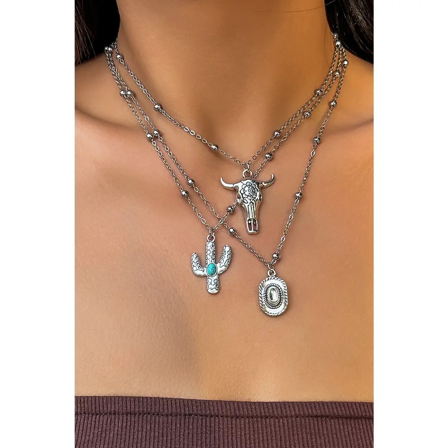 Silver Western Pendant Adjustable Multi Layer Necklace