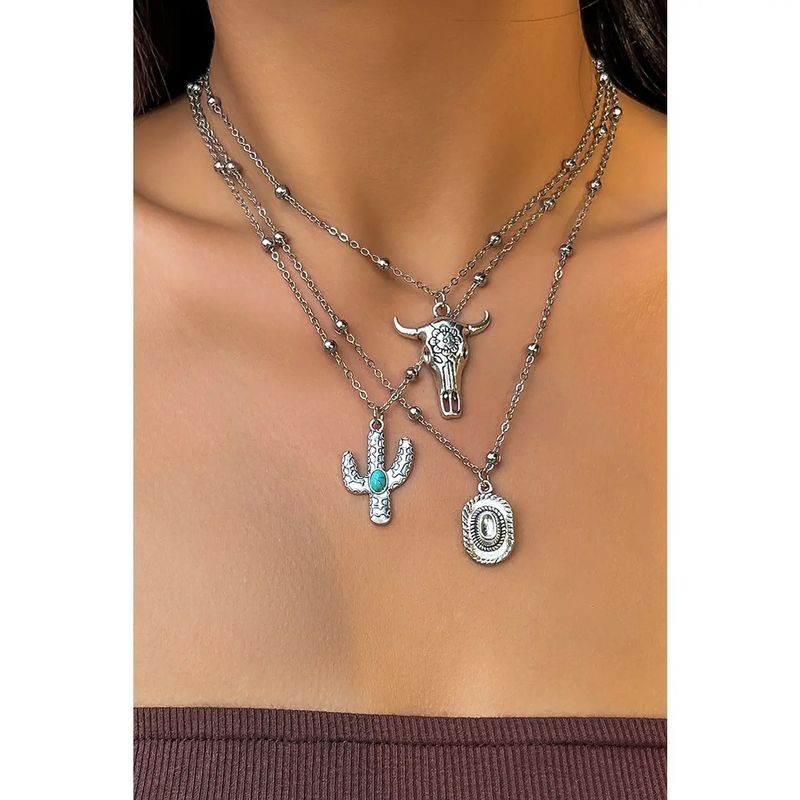 Silver Western Pendant Adjustable Multi Layer Necklace