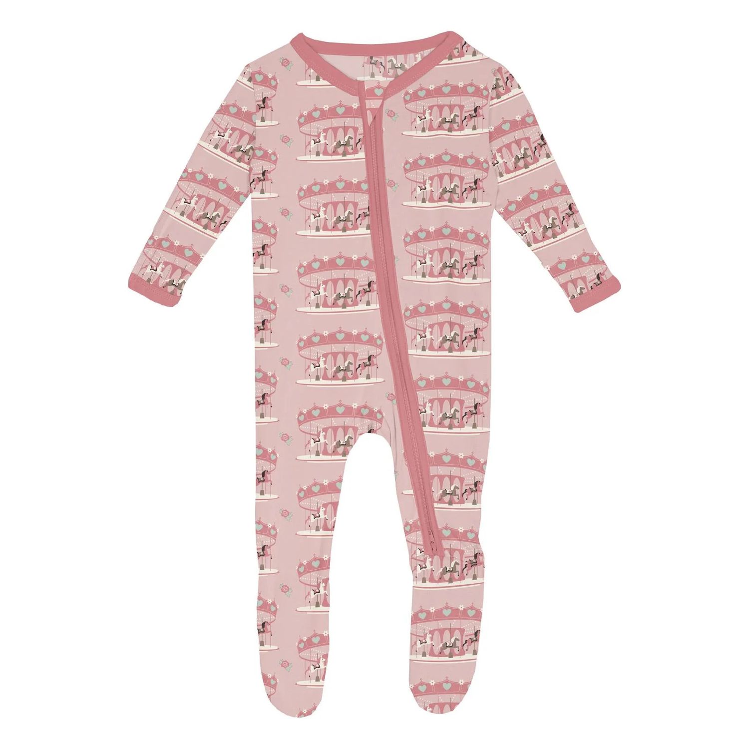 Ruffle Footie w/2 way Zipper Baby Rose Fair Carousel, Size: 0-3 Mth