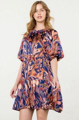 Puff Sleeve Tiered Print Dress Navy