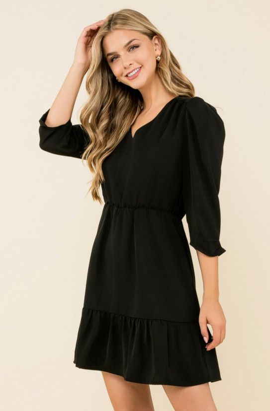 Long Sleeve V-Neck  Dress  Solid Black