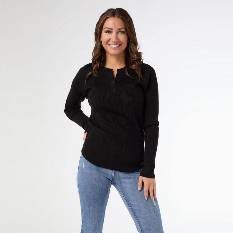 Kym Soft Henley Top with Buttons-Black