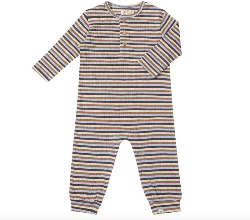 Mason Ribbed Henley Romper-Beige/Blue/Cream