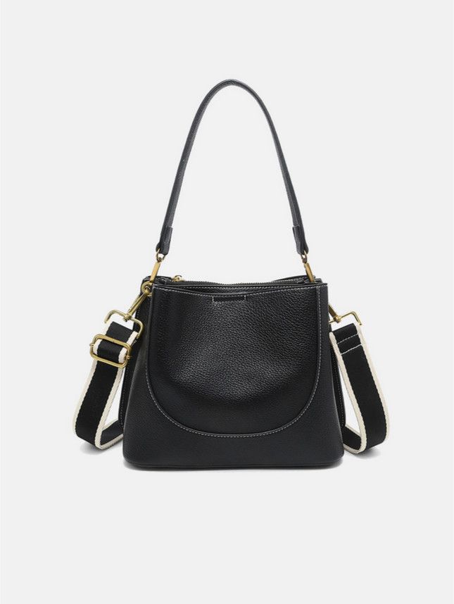 Corinna Bucket Bag w/ Two-Toned Canvas Guitar Strap-Black