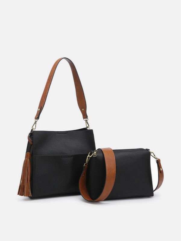 Lyla 2-in-1 Bucket Bag w/ Guitar Strap-Black/Brown